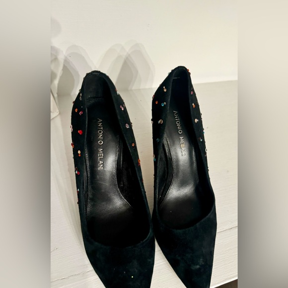 Dazzling ANTONIO MELANI "Moneka" Black Suede Heels Studded with Colorful Stones - Picture 4 of 9